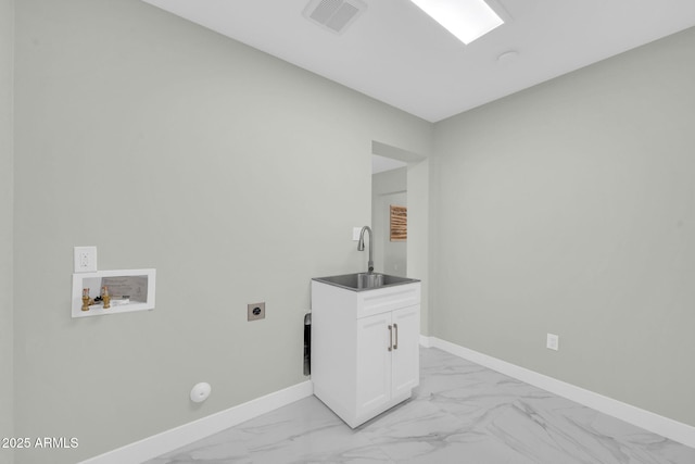 2926 N 16th Ave, Phoenix, AZ 85015 - washroom featuring visible vents, baseboards, a sink, hookup for an electric dryer, and marble finish floor