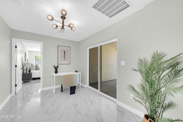 2926 N 16th Ave, Phoenix, AZ 85015 - hall featuring a chandelier, marble finish floor, baseboards, and visible vents