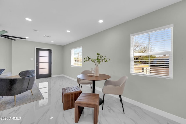 2926 N 16th Ave, Phoenix, AZ 85015 - dining area with recessed lighting, visible vents, marble finish floor, and baseboards
