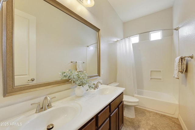 full bathroom featuring shower / bath combo, vanity, tile patterned floors, and toilet