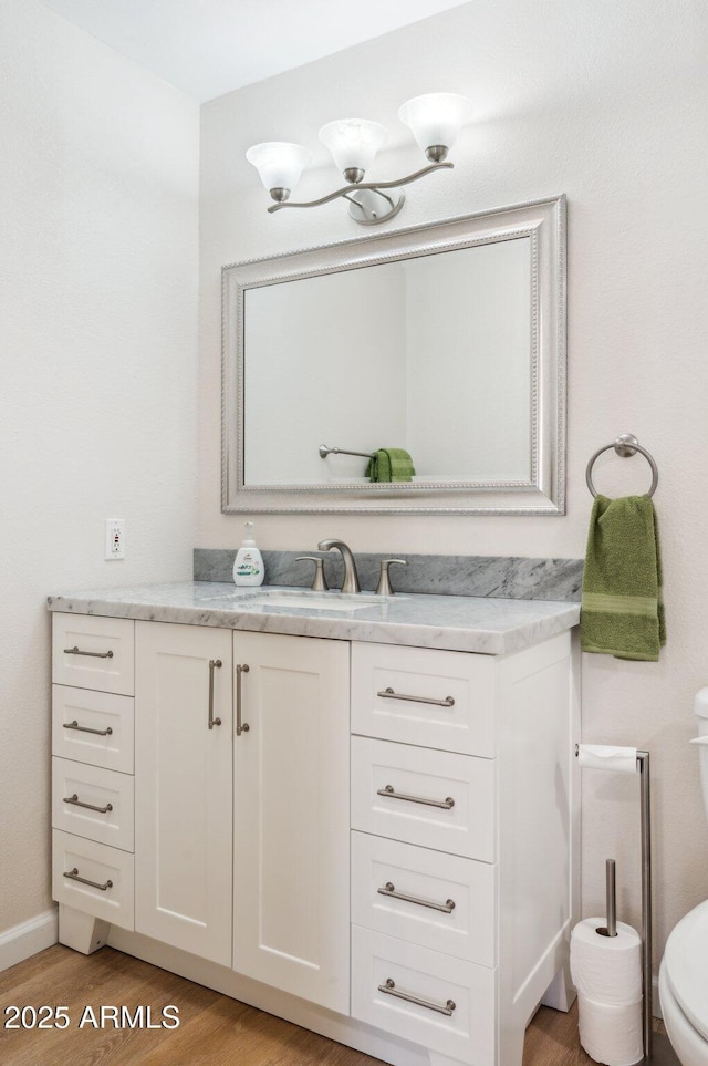 bathroom with toilet, vanity, and wood finished floors