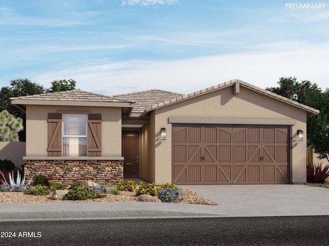 view of front of home with a garage, stone siding, concrete driveway, and stucco siding