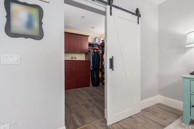 walk in closet with a barn door and light wood finished floors