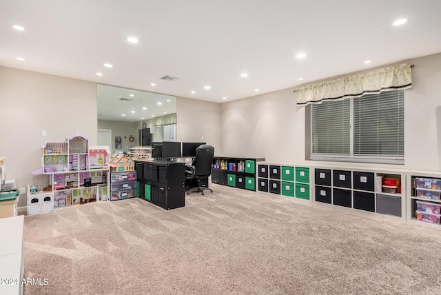 office area with carpet flooring, recessed lighting, and visible vents