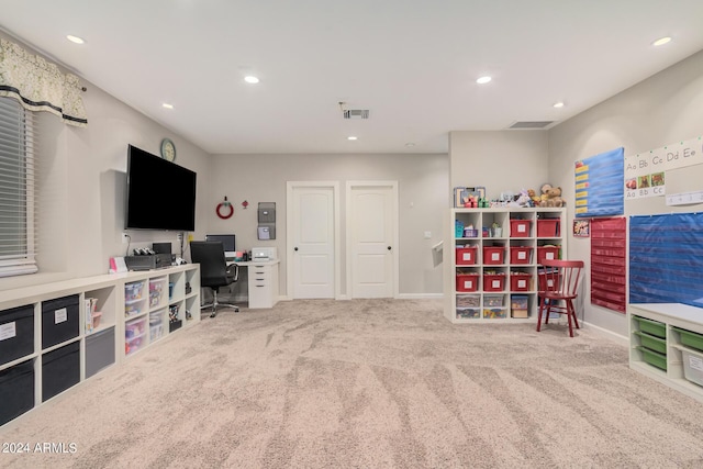 rec room featuring recessed lighting, carpet, visible vents, and baseboards