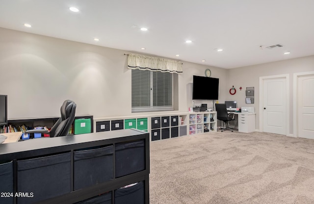 carpeted office space with recessed lighting and visible vents