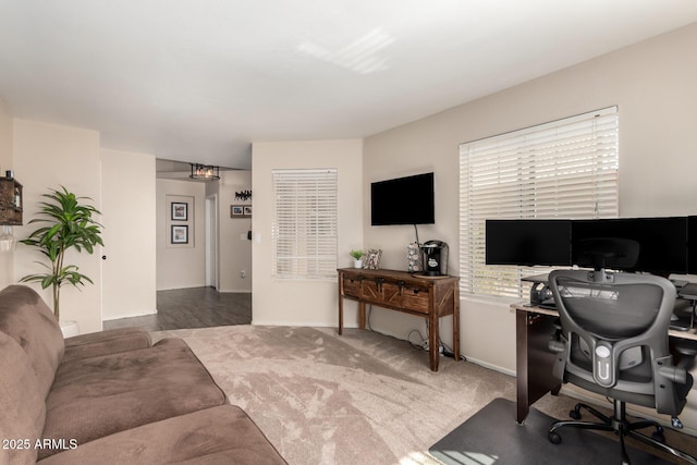 home office featuring carpet floors and a healthy amount of sunlight