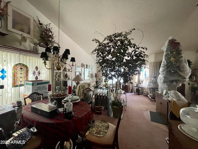 dining space with carpet flooring and vaulted ceiling