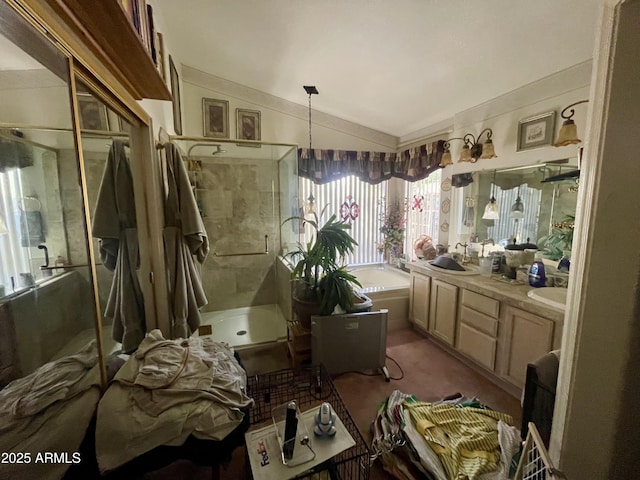 full bath with vanity, lofted ceiling, a bath, and a shower stall