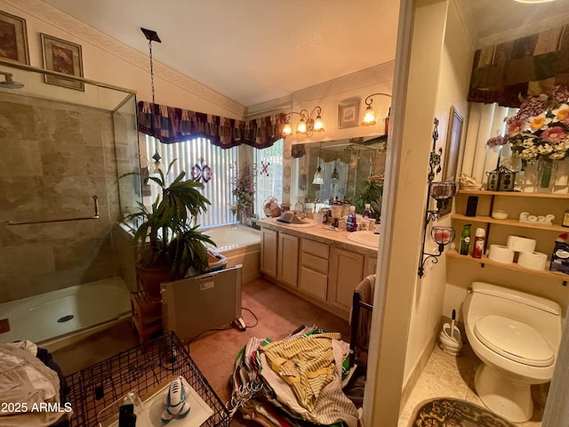 bathroom featuring double vanity, a bath, a stall shower, and toilet