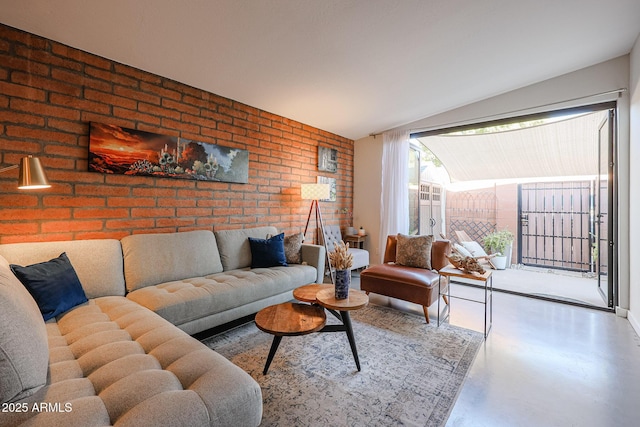 living room featuring concrete flooring and brick wall