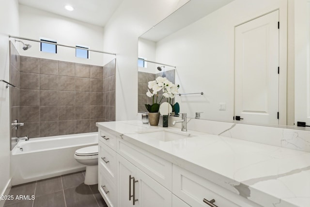 bathroom with vanity, tub / shower combination, toilet, recessed lighting, and tile patterned floors