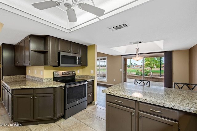 2461 Leisure World, Mesa, AZ 85206 - kitchen with ceiling fan, open shelves, visible vents, and stainless steel appliances
