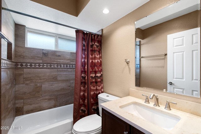 2461 Leisure World, Mesa, AZ 85206 - bathroom with a textured wall, shower / tub combo, vanity, and toilet