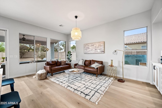 living area featuring visible vents, light wood-style flooring, and baseboards