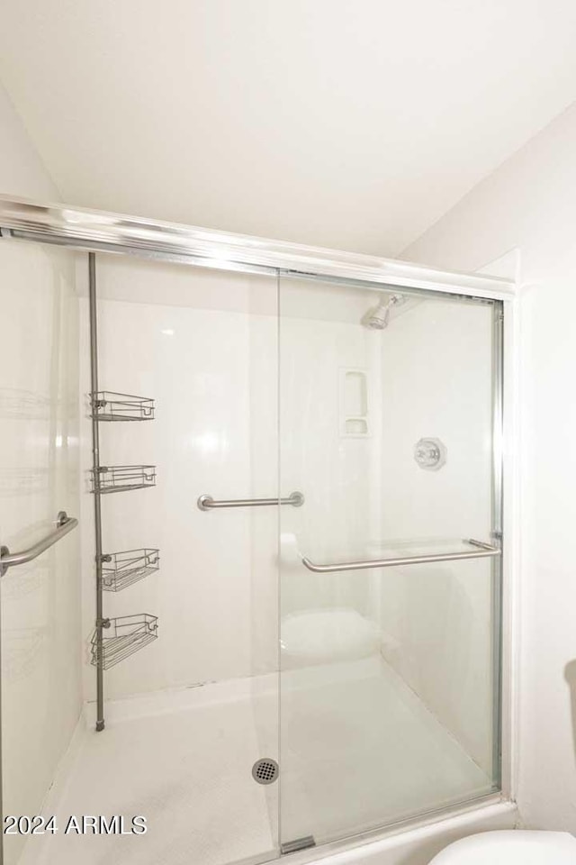 bathroom with a shower with shower door