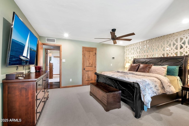 carpeted bedroom with ceiling fan