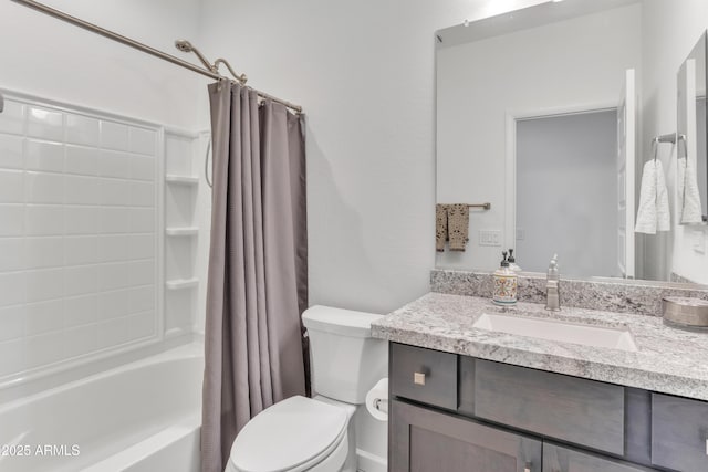 full bathroom with toilet, shower / tub combo with curtain, and vanity