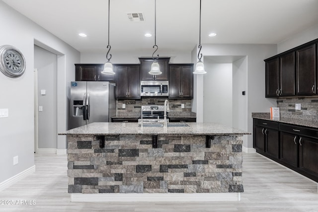 kitchen with appliances with stainless steel finishes, sink, pendant lighting, and a kitchen island with sink