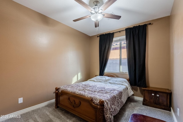 bedroom with ceiling fan and carpet floors