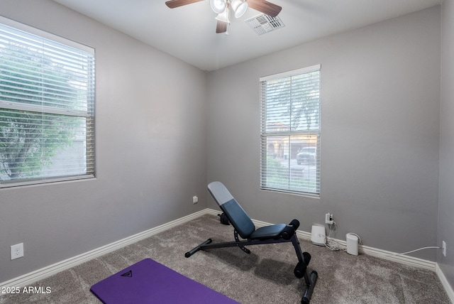 workout area with ceiling fan and carpet