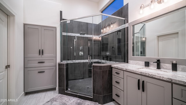 full bath featuring a stall shower and vanity