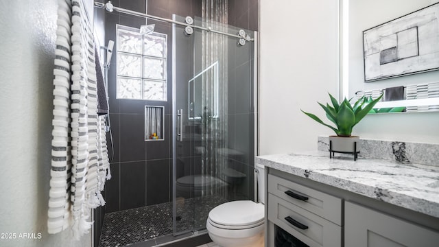 bathroom with toilet, a stall shower, and vanity