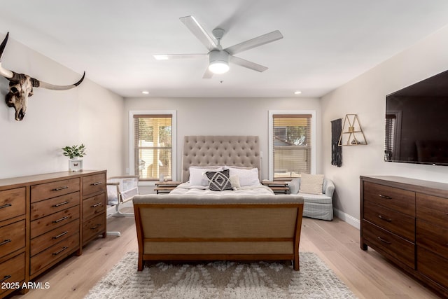 8807 E Dahlia Dr, Scottsdale, AZ 85260 - bedroom featuring recessed lighting, baseboards, light wood-style floors, and ceiling fan