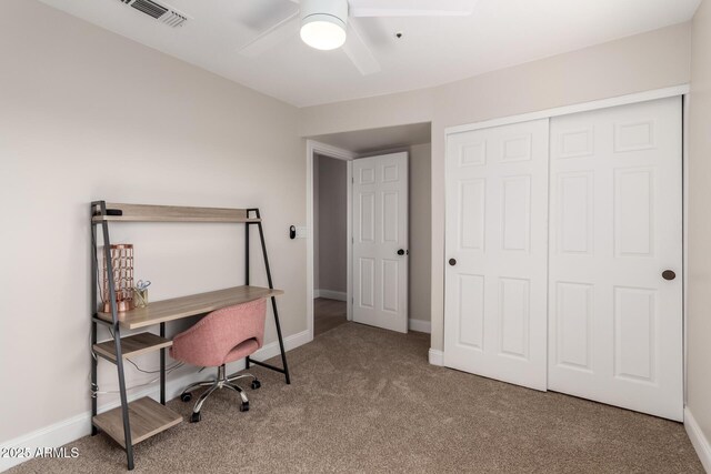8807 E Dahlia Dr, Scottsdale, AZ 85260 - office area with visible vents, carpet floors, baseboards, and a ceiling fan