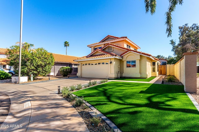 8807 E Dahlia Dr, Scottsdale, AZ 85260 - mediterranean / spanish home featuring stucco siding, a front lawn, fence, concrete driveway, and a tiled roof