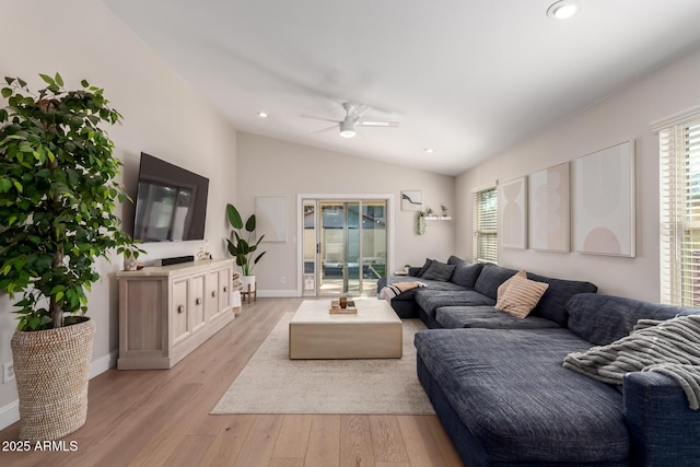 8807 E Dahlia Dr, Scottsdale, AZ 85260 - living room featuring baseboards, recessed lighting, ceiling fan, vaulted ceiling, and light wood-type flooring