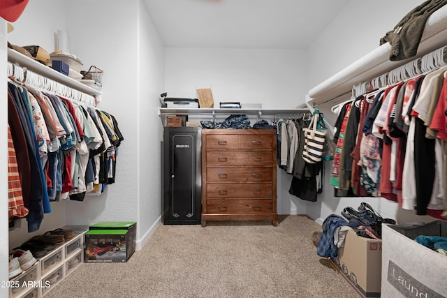 walk in closet with light colored carpet