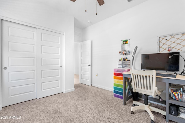 unfurnished office with light carpet and ceiling fan