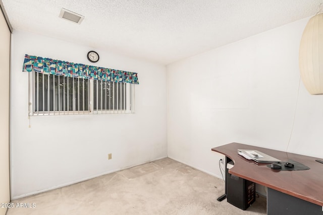 unfurnished office featuring carpet flooring and a textured ceiling