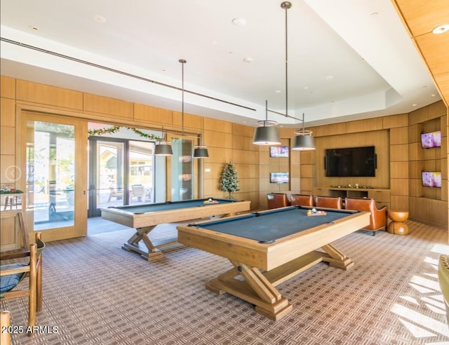 game room featuring carpet, billiards, french doors, and a raised ceiling