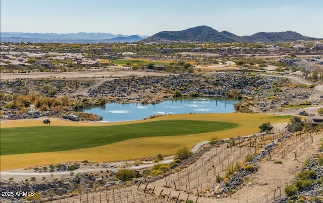 view of community featuring a lawn and a water and mountain view