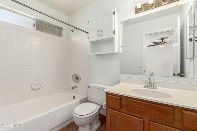 full bathroom with ceiling fan, vanity, shower / bathtub combination, and toilet