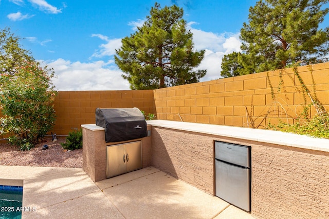 view of patio / terrace featuring grilling area, an outdoor kitchen, and a fenced backyard