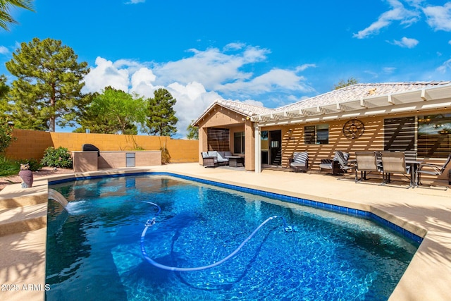 view of swimming pool featuring an outdoor living space, a fenced backyard, a fenced in pool, and a patio