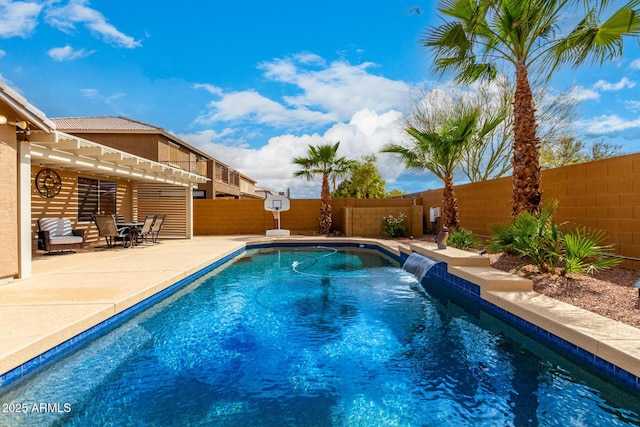 view of pool featuring a patio area, a fenced backyard, and a fenced in pool