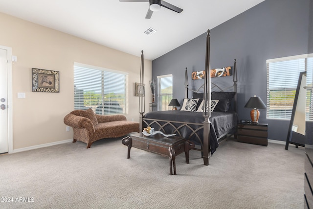 bedroom featuring carpet, ceiling fan, and vaulted ceiling