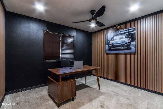 office area featuring crown molding, light colored carpet, and ceiling fan