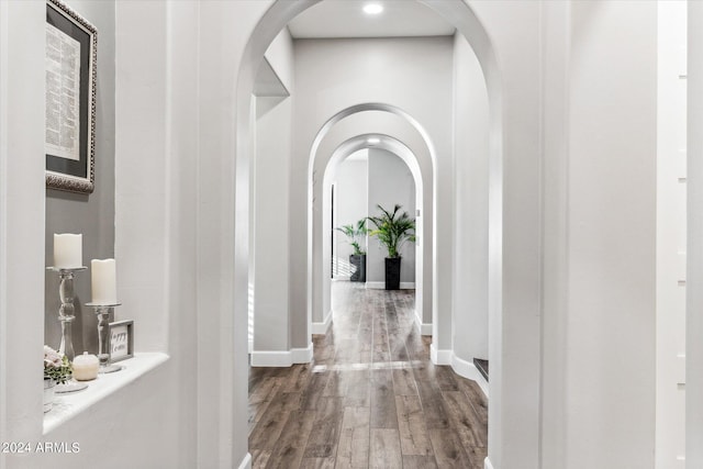 corridor featuring dark wood-type flooring