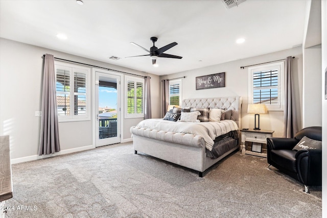 bedroom with ceiling fan, carpet, and access to outside