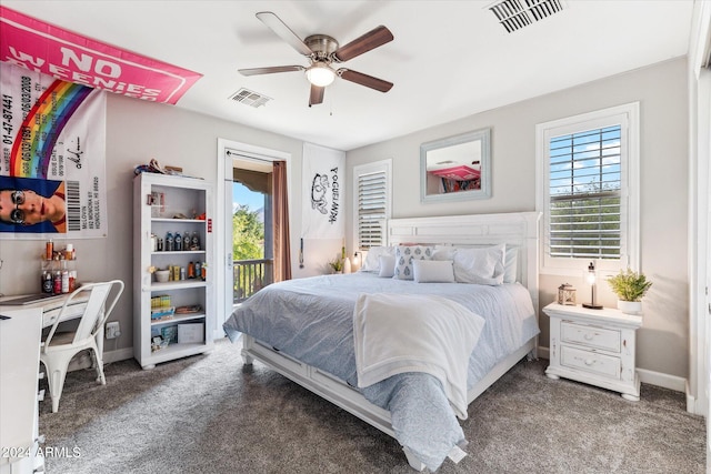 carpeted bedroom with access to outside and ceiling fan