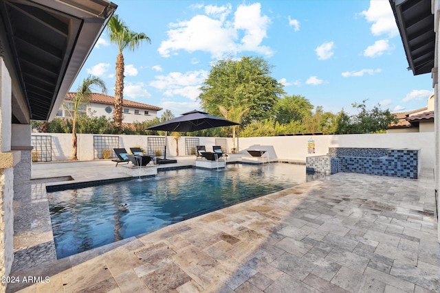 view of pool with pool water feature and a patio area