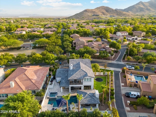 drone / aerial view featuring a mountain view