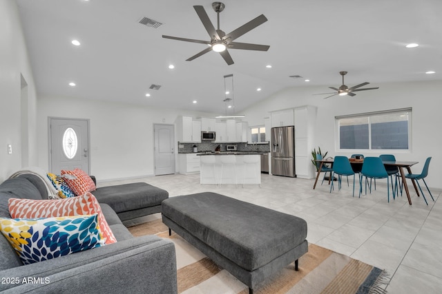 6201 E Waltann Ln, Scottsdale, AZ 85254 - living area with a ceiling fan, lofted ceiling, and recessed lighting