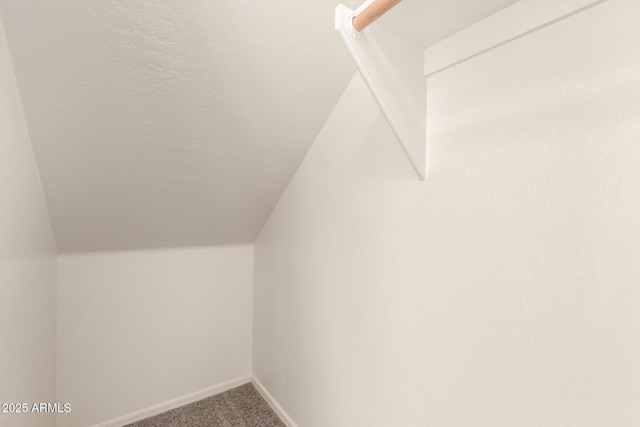 interior space with vaulted ceiling and carpet flooring