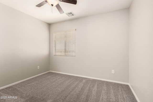 unfurnished room featuring a ceiling fan, baseboards, visible vents, and carpet flooring